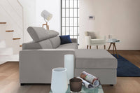 Divano fisso Akela, Divano ad angolo, Made in Italy, SofÒ  Soggiorno con chaise longue, in tessuto imbottito - Penisola contenitore Sinistra, con Braccioli standard, cm 280x95h85, Grigio