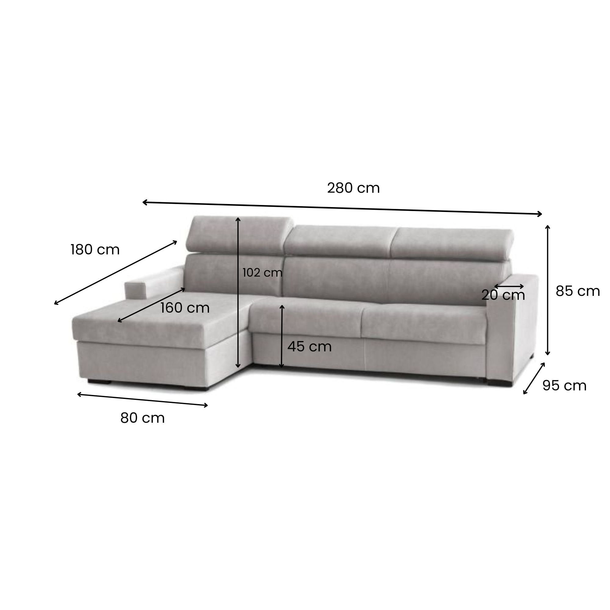 Divano fisso Akela, Divano ad angolo, Made in Italy, SofÒ  Soggiorno con chaise longue, in tessuto imbottito - Penisola contenitore Sinistra, con Braccioli standard, cm 280x95h85, Grigio