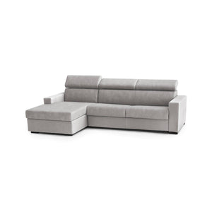 Divano fisso Akela, Divano ad angolo, Made in Italy, SofÒ  Soggiorno con chaise longue, in tessuto imbottito - Penisola contenitore Sinistra, con Braccioli standard, cm 280x95h85, Grigio
