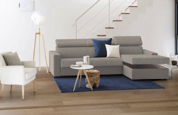 Divano fisso Ameno, Divano ad angolo, Made in Italy, SofÒ  Soggiorno con chaise longue, in tessuto imbottito - Penisola contenitore Destra, con Braccioli standard, cm 280x95h85, Tortora