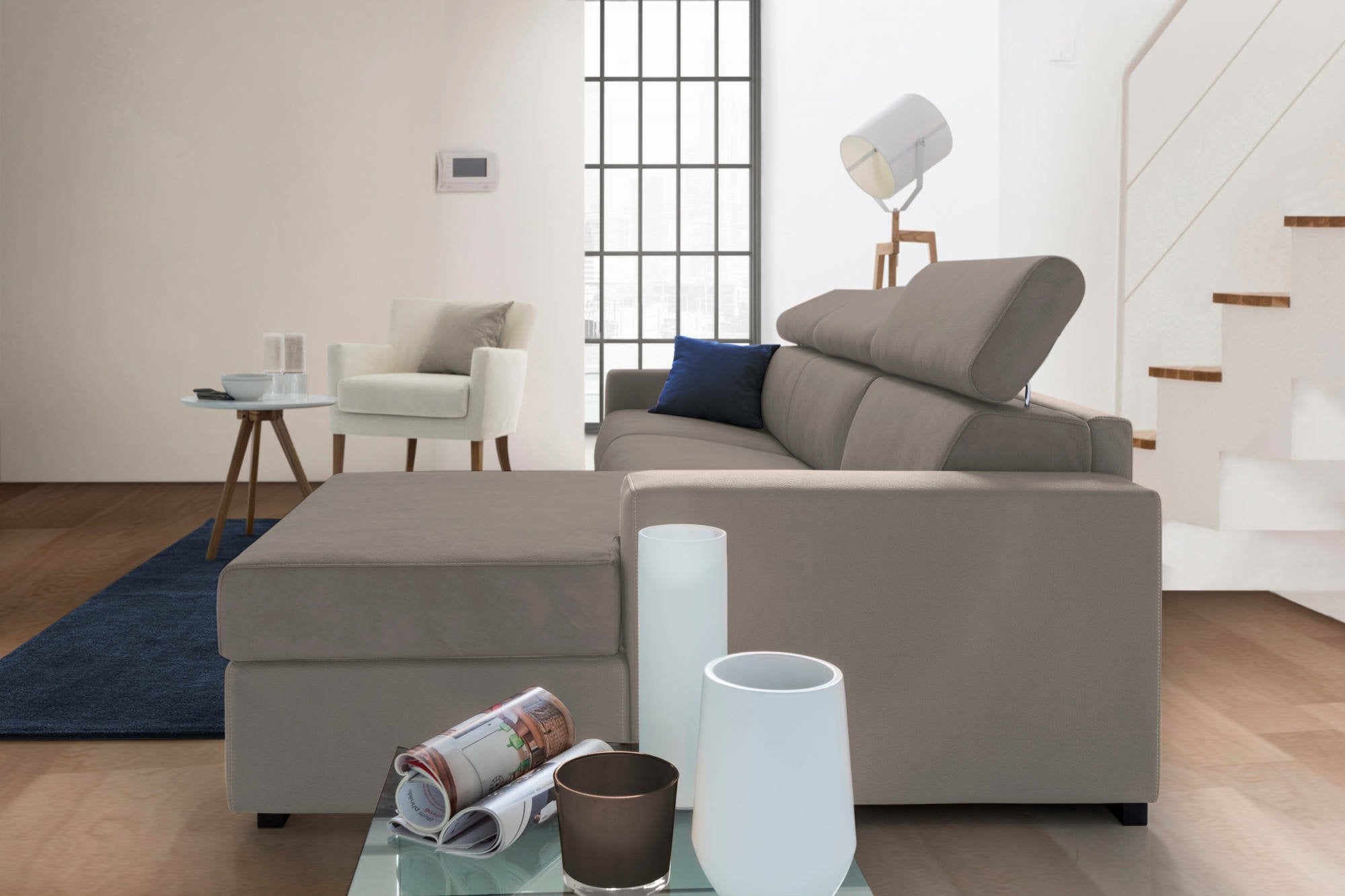 Divano fisso Ameno, Divano ad angolo, Made in Italy, SofÒ  Soggiorno con chaise longue, in tessuto imbottito - Penisola contenitore Destra, con Braccioli standard, cm 280x95h85, Tortora