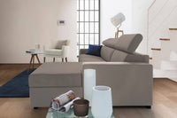 Divano fisso Ameno, Divano ad angolo, Made in Italy, SofÒ  Soggiorno con chaise longue, in tessuto imbottito - Penisola contenitore Destra, con Braccioli standard, cm 280x95h85, Tortora