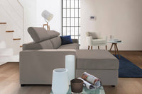 Divano fisso Akela, Divano ad angolo, Made in Italy, SofÒ  Soggiorno con chaise longue, in tessuto imbottito - Penisola contenitore Sinistra, con Braccioli standard, cm 280x95h85, Tortora