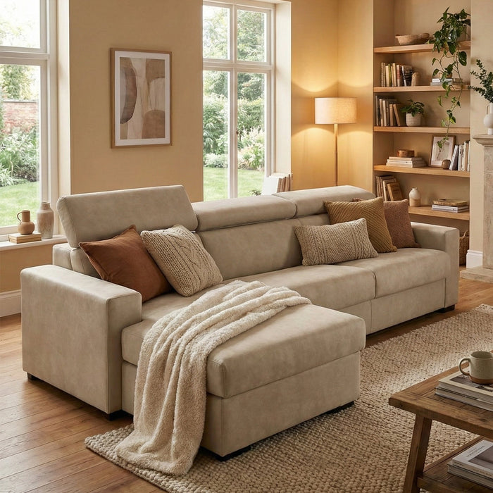 Divano fisso Aryaly, Divano ad angolo, Made in Italy, SofÒ  Soggiorno con chaise longue, in tessuto imbottito - Penisola contenitore Sinistra, con Braccioli slim, cm 260x95h85, Beige