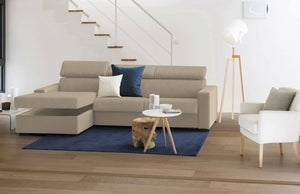 Divano fisso Aryaly, Divano ad angolo, Made in Italy, SofÒ  Soggiorno con chaise longue, in tessuto imbottito - Penisola contenitore Sinistra, con Braccioli slim, cm 260x95h85, Beige