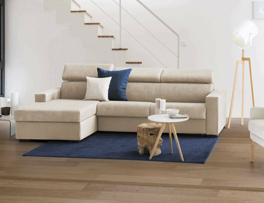 Divano fisso Aryaly, Divano ad angolo, Made in Italy, SofÒ  Soggiorno con chaise longue, in tessuto imbottito - Penisola contenitore Sinistra, con Braccioli slim, cm 260x95h85, Beige