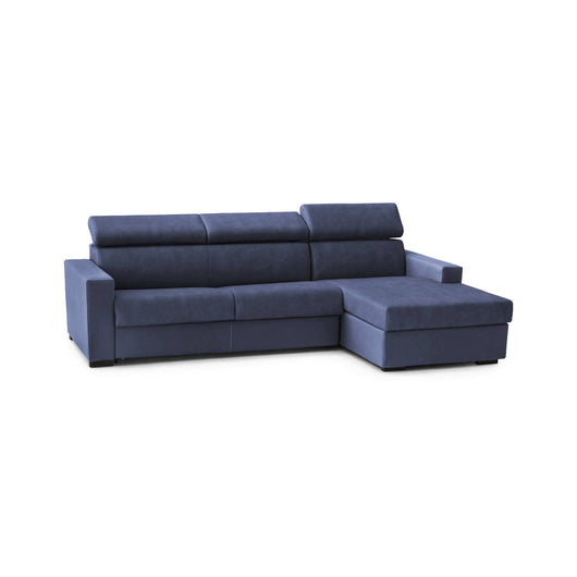 Divano fisso Angera, Divano ad angolo, Made in Italy, SofÒ  Soggiorno con chaise longue, in tessuto imbottito - Penisola contenitore Destra, con Braccioli slim, cm 260x95h85, Blu