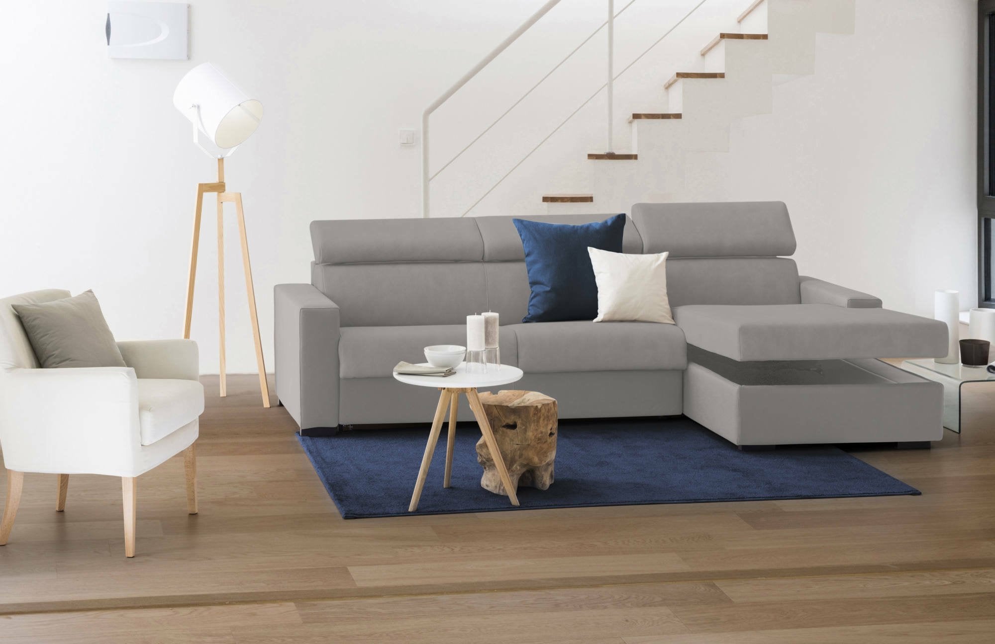 Divano fisso Angera, Divano ad angolo, Made in Italy, SofÒ  Soggiorno con chaise longue, in tessuto imbottito - Penisola contenitore Destra, con Braccioli slim, cm 280x95h85, Grigio