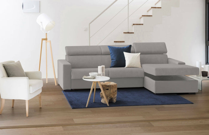 Divano fisso Angera, Divano ad angolo, Made in Italy, SofÒ  Soggiorno con chaise longue, in tessuto imbottito - Penisola contenitore Destra, con Braccioli slim, cm 280x95h85, Grigio