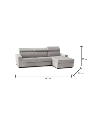 Divano fisso Angera, Divano ad angolo, Made in Italy, SofÒ  Soggiorno con chaise longue, in tessuto imbottito - Penisola contenitore Destra, con Braccioli slim, cm 280x95h85, Grigio