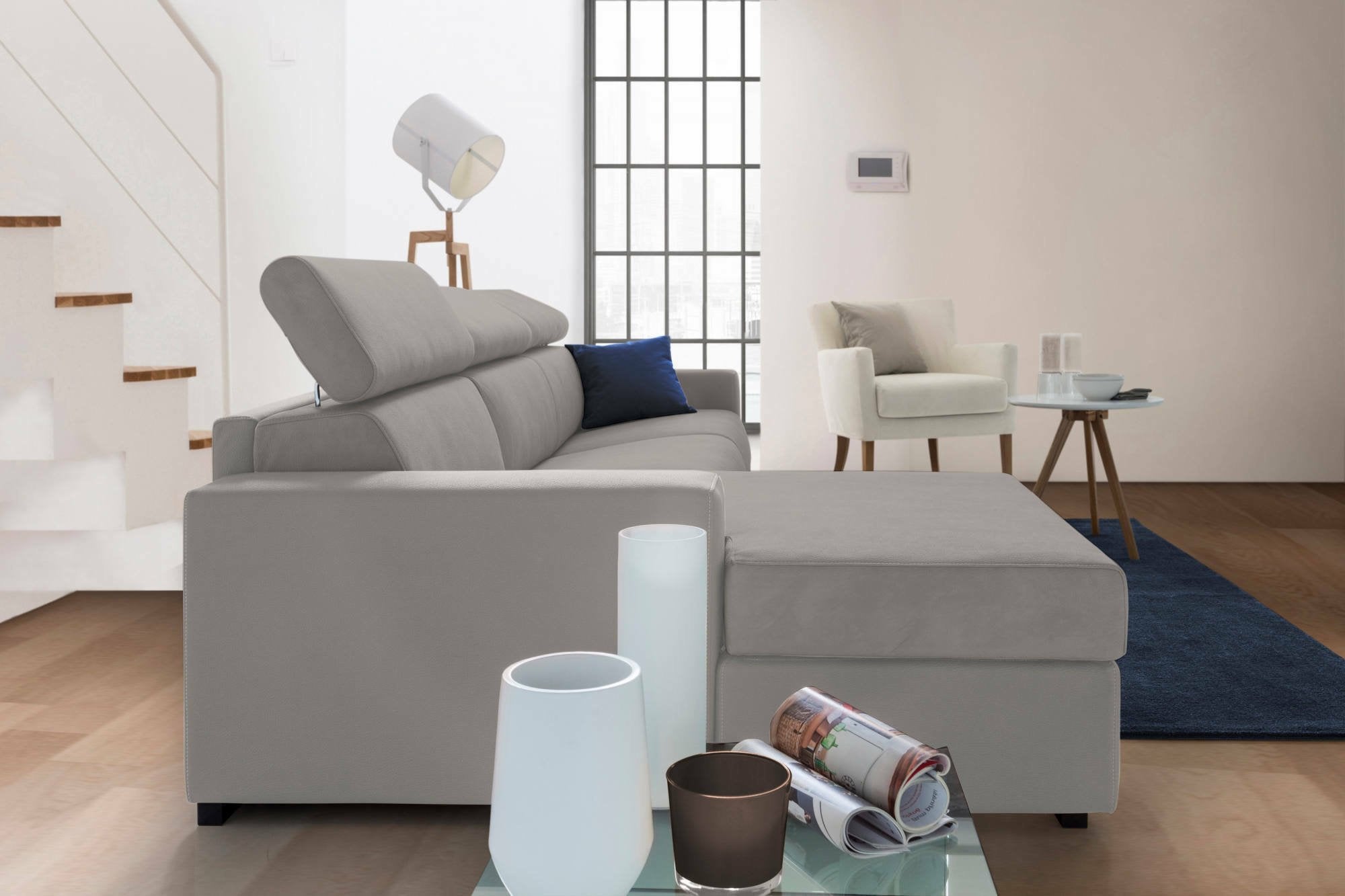 Divano fisso Aryaly, Divano ad angolo, Made in Italy, SofÒ  Soggiorno con chaise longue, in tessuto imbottito - Penisola contenitore Sinistra, con Braccioli slim, cm 280x95h85, Grigio