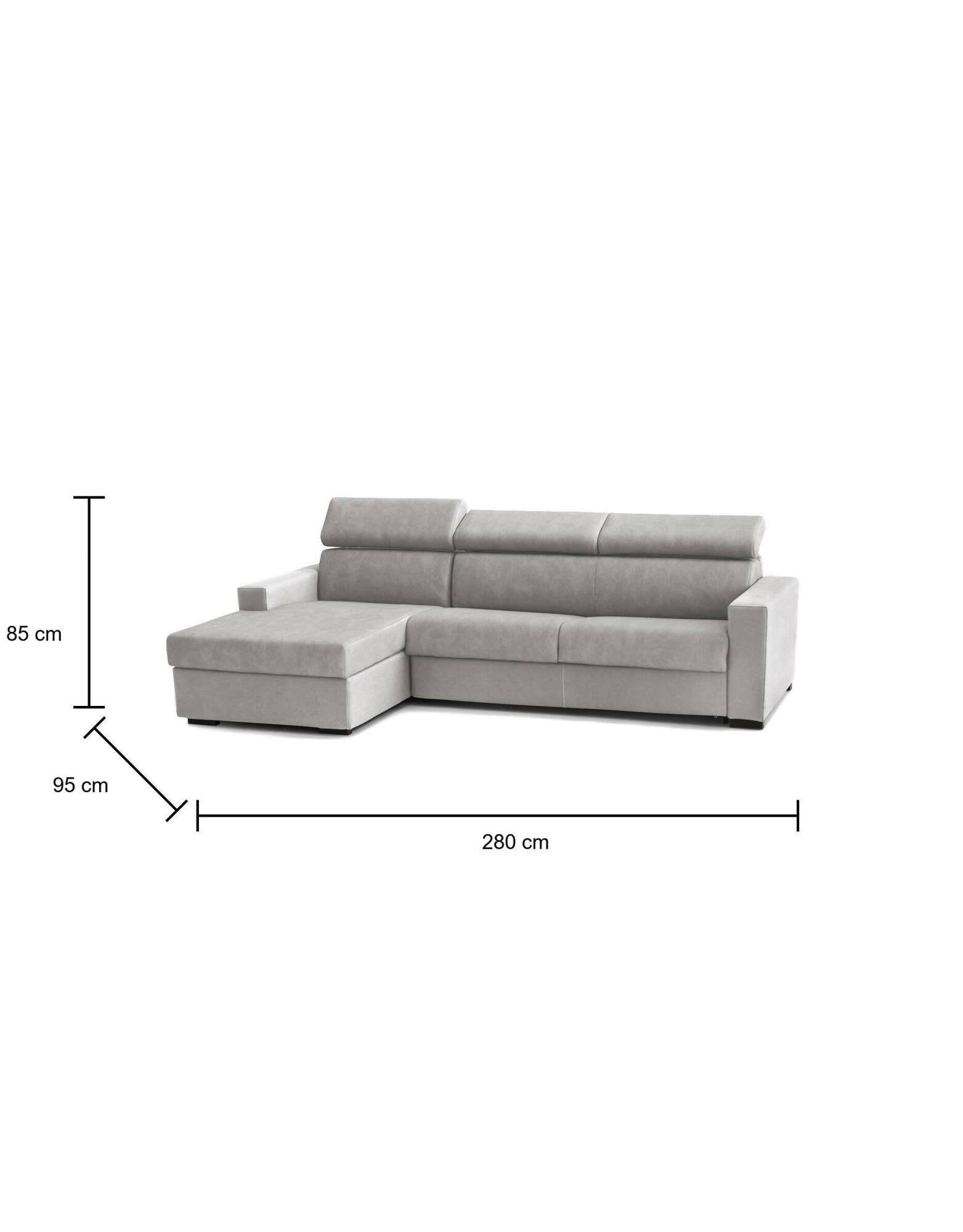 Divano fisso Aryaly, Divano ad angolo, Made in Italy, SofÒ  Soggiorno con chaise longue, in tessuto imbottito - Penisola contenitore Sinistra, con Braccioli slim, cm 280x95h85, Grigio