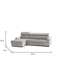 Divano fisso Aryaly, Divano ad angolo, Made in Italy, SofÒ  Soggiorno con chaise longue, in tessuto imbottito - Penisola contenitore Sinistra, con Braccioli slim, cm 280x95h85, Grigio