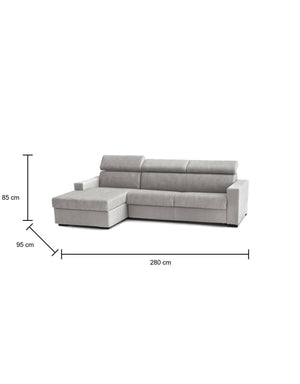 Divano fisso Aryaly, Divano ad angolo, Made in Italy, SofÒ  Soggiorno con chaise longue, in tessuto imbottito - Penisola contenitore Sinistra, con Braccioli slim, cm 280x95h85, Grigio