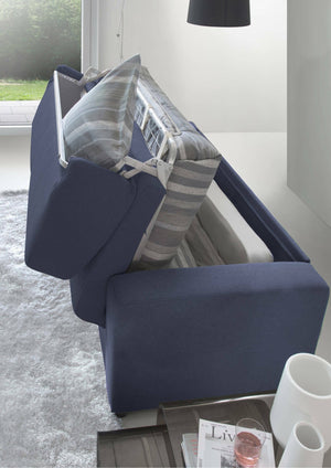 Divano Letto Estia, Divano a 3 posti, Made in Italy, SofÒ  Soggiorno con apertura girevole, in tessuto imbottito, con Braccioli standard, cm 220x95h90, Blu