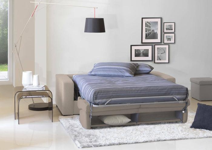 Divano Letto Andymion, Divano a 2 posti Large, Made in Italy, SofÒ  Soggiorno con apertura girevole, in tessuto imbottito, con Braccioli standard, cm 200x95h90, Tortora