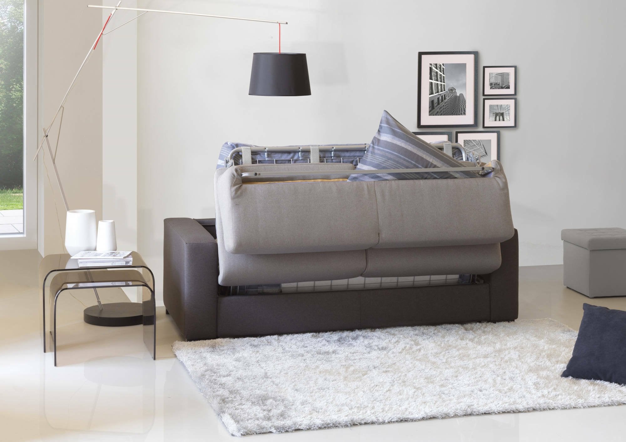 Divano Letto Estia, Divano a 3 posti, Made in Italy, SofÒ  Soggiorno con apertura girevole, in tessuto imbottito, con Braccioli standard, cm 220x95h90, Grigio e Antracite