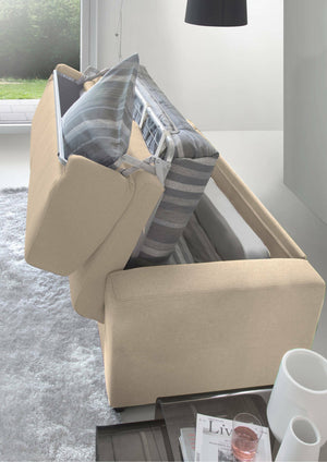 Divano Letto Alcatraz, Divano a 2 posti, Made in Italy, SofÒ  Soggiorno con apertura girevole, in tessuto imbottito, con Braccioli slim, cm 160x95h90, Beige