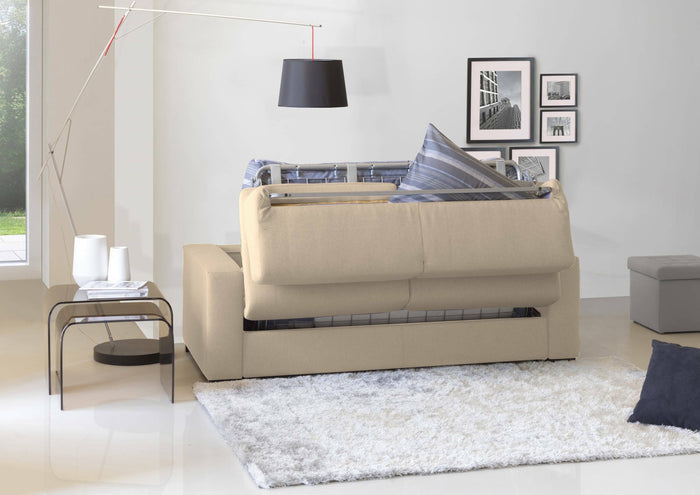 Divano Letto Alcatraz, Divano a 2 posti, Made in Italy, SofÒ  Soggiorno con apertura girevole, in tessuto imbottito, con Braccioli slim, cm 160x95h90, Beige