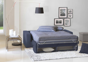 Divano Letto Zinnia, Divano a 3 posti, Made in Italy, SofÒ  Soggiorno con apertura girevole, in tessuto imbottito, con Braccioli slim, cm 200x95h90, Blu