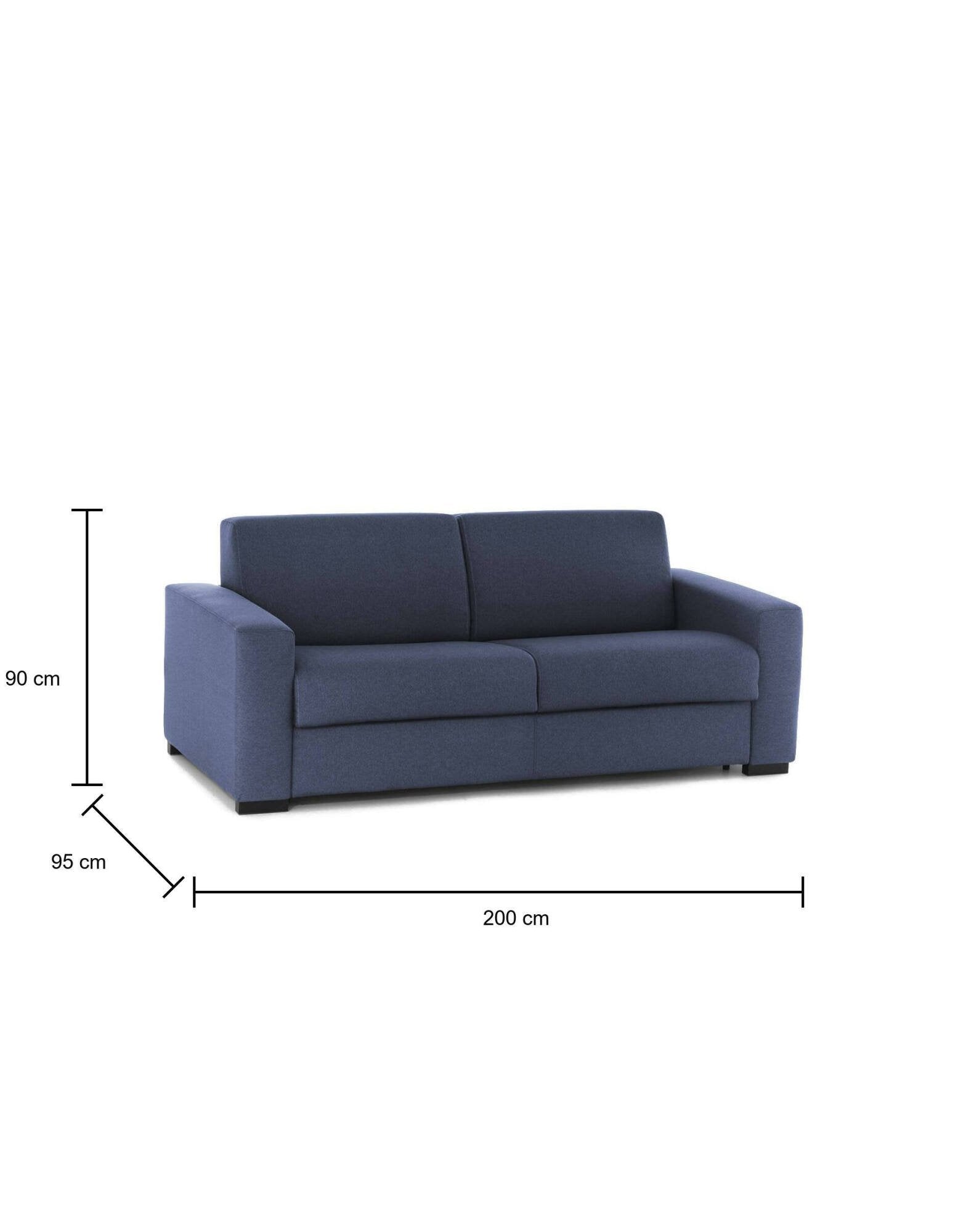 Divano Letto Zinnia, Divano a 3 posti, Made in Italy, SofÒ  Soggiorno con apertura girevole, in tessuto imbottito, con Braccioli slim, cm 200x95h90, Blu
