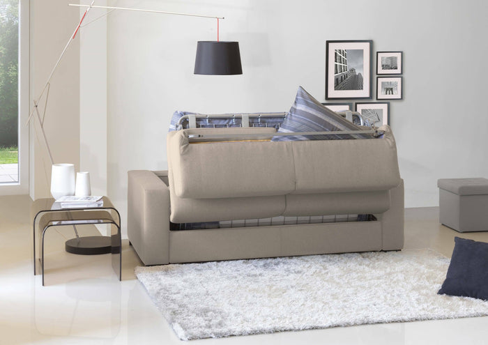 Divano Letto Zinnia, Divano a 3 posti, Made in Italy, SofÒ  Soggiorno con apertura girevole, in tessuto imbottito, con Braccioli slim, cm 200x95h90, Tortora