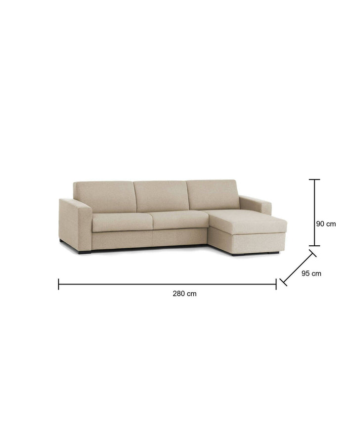 Divano Letto Aika, Divano ad angolo, Made in Italy, SofÒ  con apertura girevole, con Penisola contenitore reversibile, con Braccioli standard, cm 280x95h90, Beige