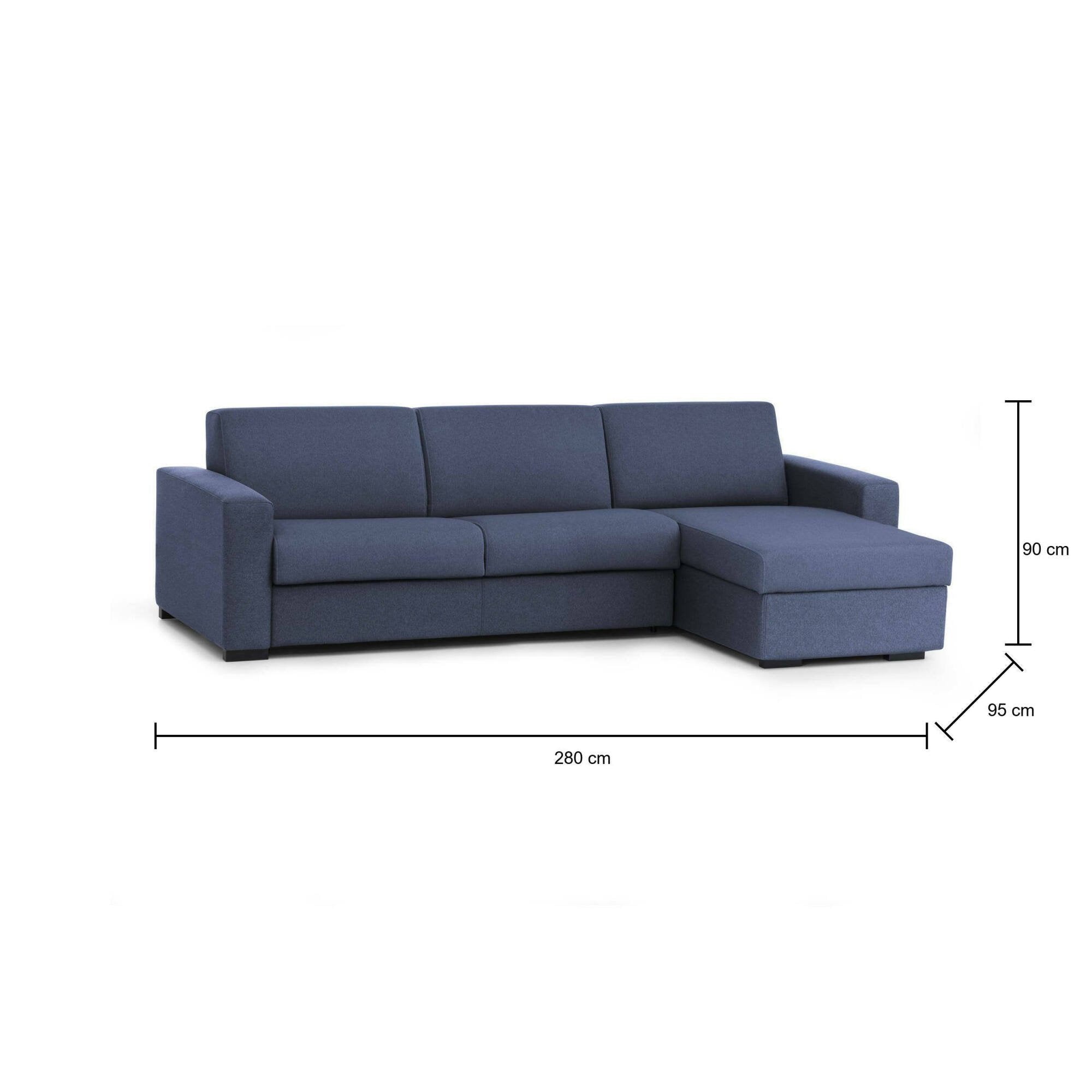 Divano Letto Aika, Divano ad angolo, Made in Italy, SofÒ  con apertura girevole, con Penisola contenitore reversibile, con Braccioli standard, cm 280x95h90, Blu