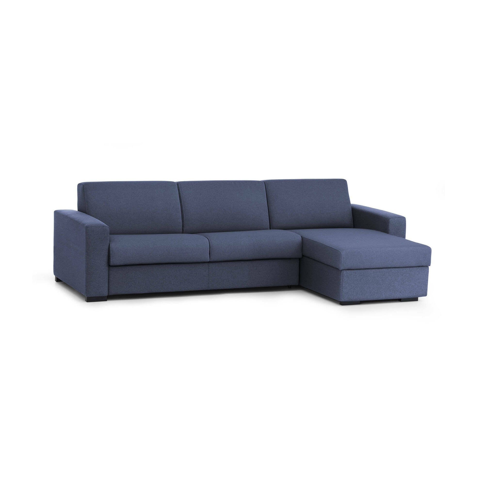 Divano Letto Aika, Divano ad angolo, Made in Italy, SofÒ  con apertura girevole, con Penisola contenitore reversibile, con Braccioli standard, cm 280x95h90, Blu