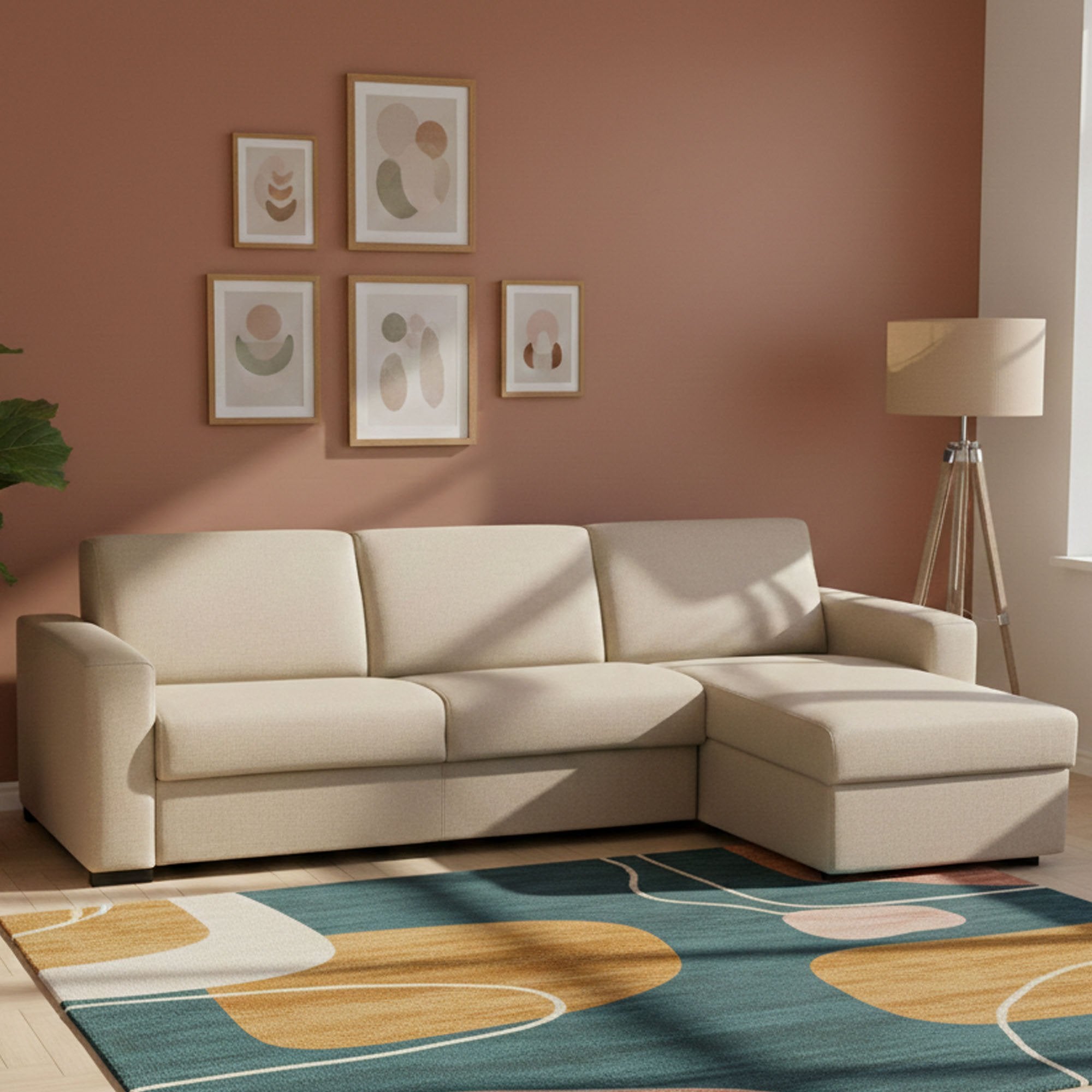 Allegria, Divano Letto con Penisola Sfoderabile Made in Italy, 260x95 cm Beige