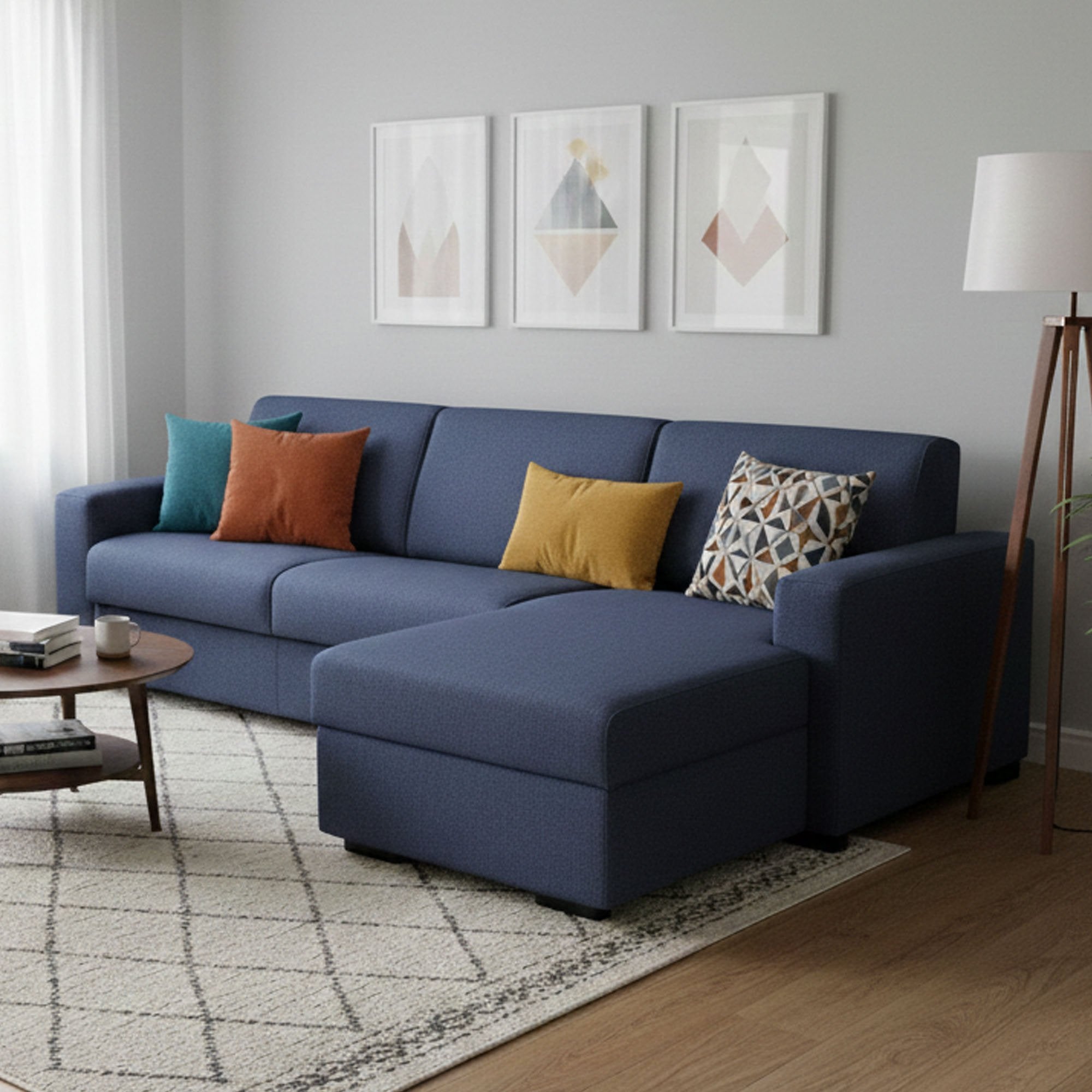 Allegria, Divano Letto con Penisola Sfoderabile Made in Italy, 260x95 cm blu