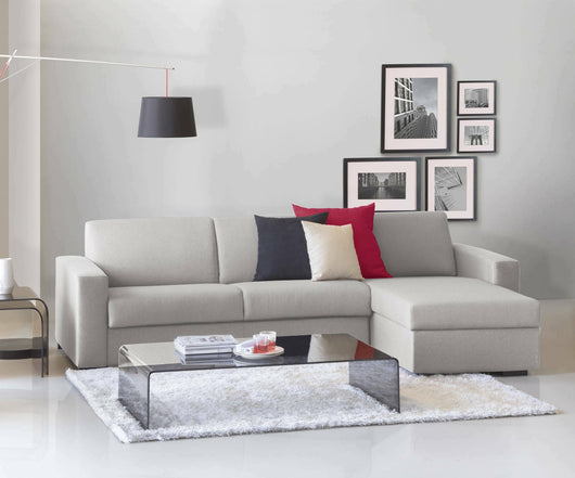 Divano Letto Allegria, Divano ad angolo, Made in Italy, SofÒ  con apertura girevole, con Penisola contenitore reversibile, con Braccioli slim, cm 260x95h90, Grigio