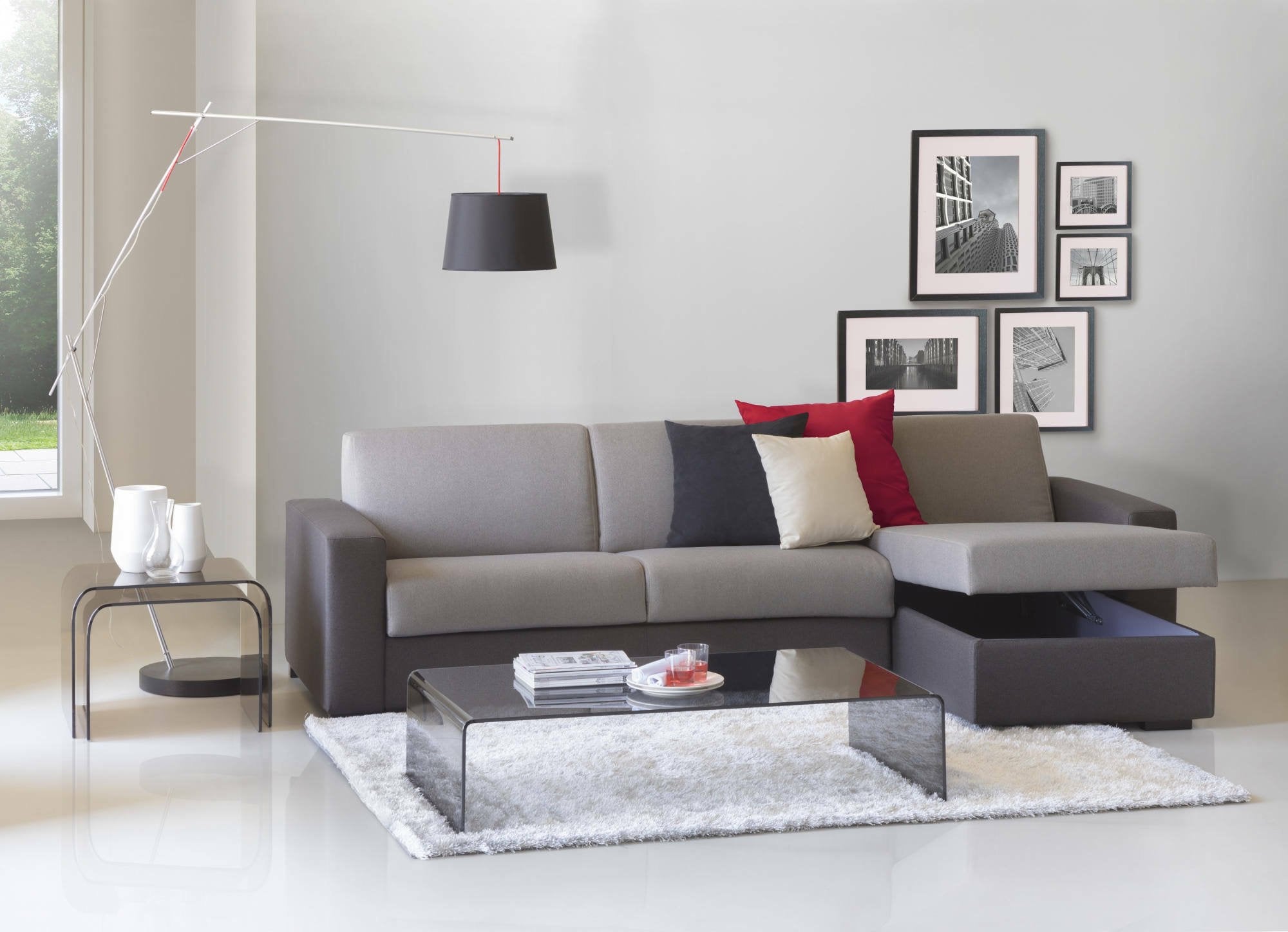 Divano Letto Allegria, Divano ad angolo, Made in Italy, SofÒ  con apertura girevole, con Penisola contenitore reversibile, con Braccioli slim, cm 260x95h90, Grigio e Antracite