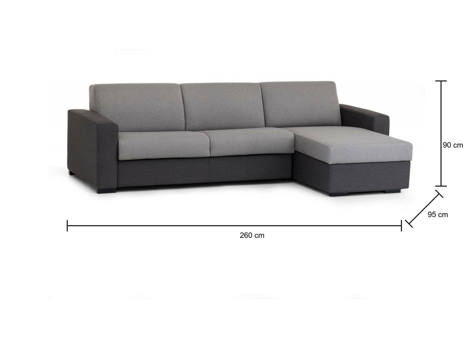 Divano Letto Allegria, Divano ad angolo, Made in Italy, SofÒ  con apertura girevole, con Penisola contenitore reversibile, con Braccioli slim, cm 260x95h90, Grigio e Antracite