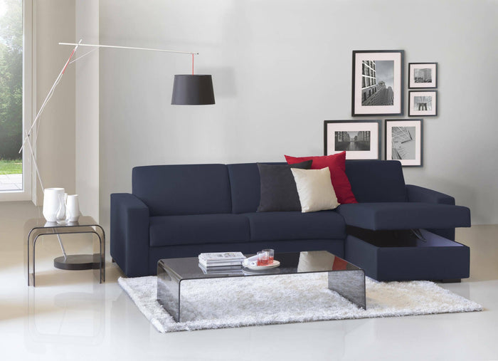 Divano fisso Atos, Divano ad angolo, Made in Italy, SofÒ  Soggiorno, con Penisola contenitore reversibile, in tessuto imbottito, con Braccioli standard, cm 280x95h90, Blu