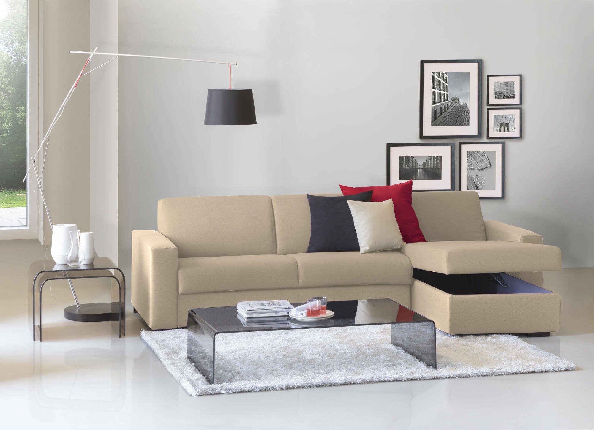 Divano fisso Azechiele, Divano ad angolo, Made in Italy, SofÒ  Soggiorno, con Penisola contenitore reversibile, in tessuto imbottito, con Braccioli slim, cm 260x95h90, Beige