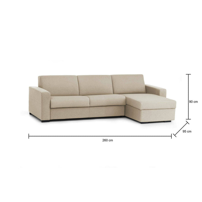 Divano fisso Azechiele, Divano ad angolo, Made in Italy, SofÒ  Soggiorno, con Penisola contenitore reversibile, in tessuto imbottito, con Braccioli slim, cm 260x95h90, Beige