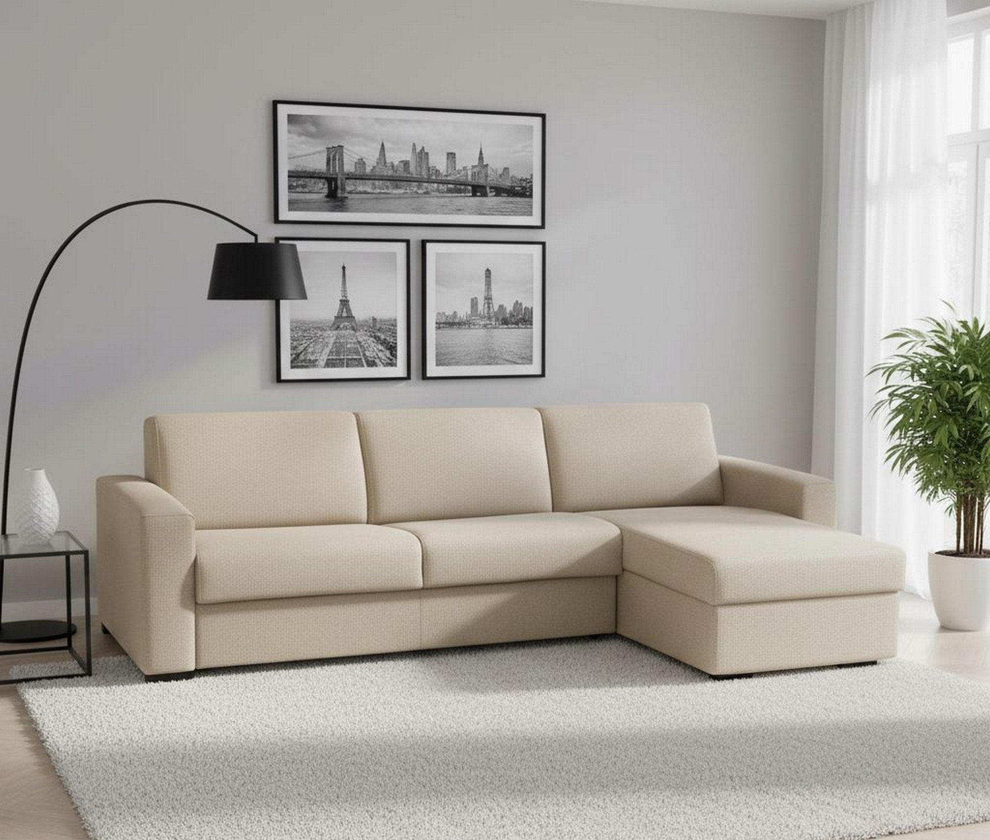 Divano fisso Azechiele, Divano ad angolo, Made in Italy, SofÒ  Soggiorno, con Penisola contenitore reversibile, in tessuto imbottito, con Braccioli slim, cm 260x95h90, Beige