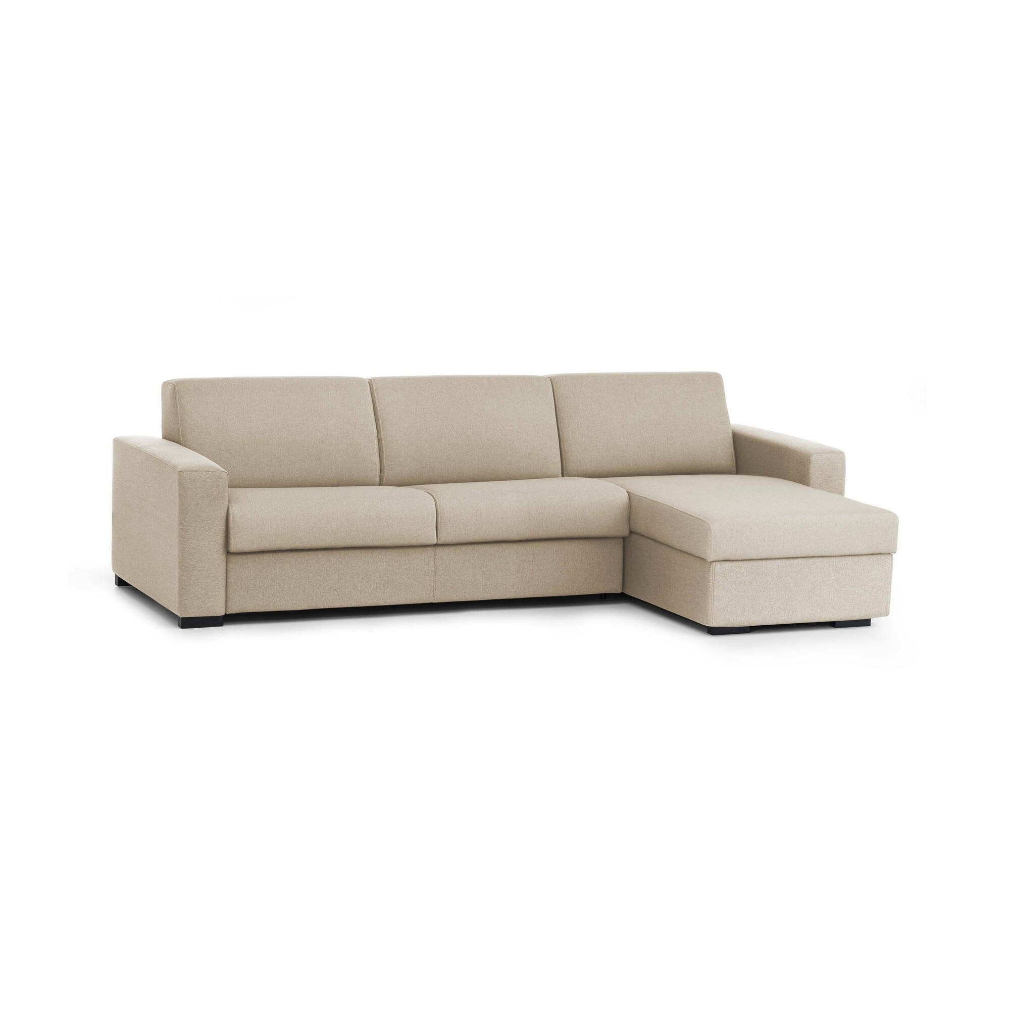 Divano fisso Azechiele, Divano ad angolo, Made in Italy, SofÒ  Soggiorno, con Penisola contenitore reversibile, in tessuto imbottito, con Braccioli slim, cm 260x95h90, Beige
