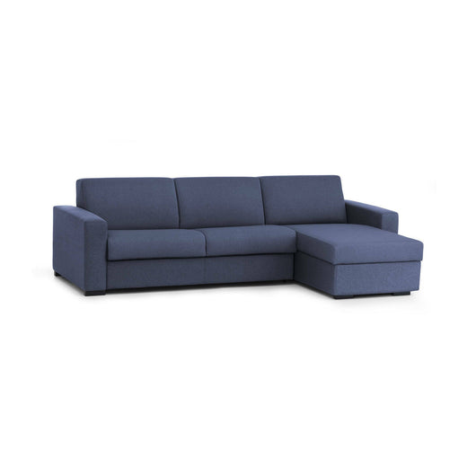 Divano fisso Azechiele, Divano ad angolo, Made in Italy, SofÒ  Soggiorno, con Penisola contenitore reversibile, in tessuto imbottito, con Braccioli slim, cm 260x95h90, Blu