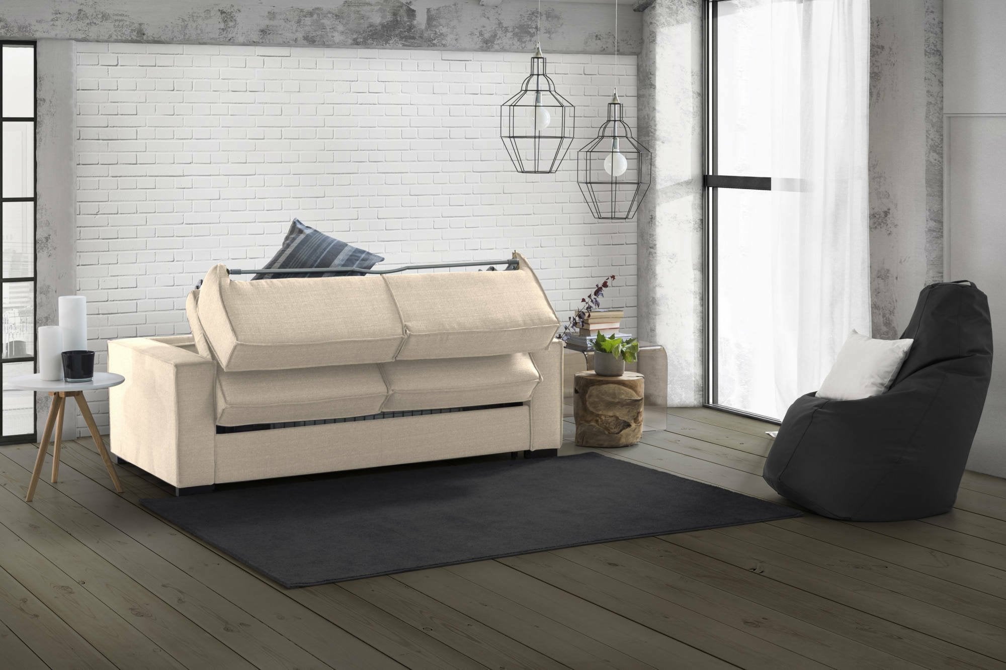 Divano Letto Amapola, Divano a 2 posti Large, Made in Italy, SofÒ  Soggiorno con apertura girevole, in tessuto imbottito, con Braccioli standard, cm 200x95h90, Beige