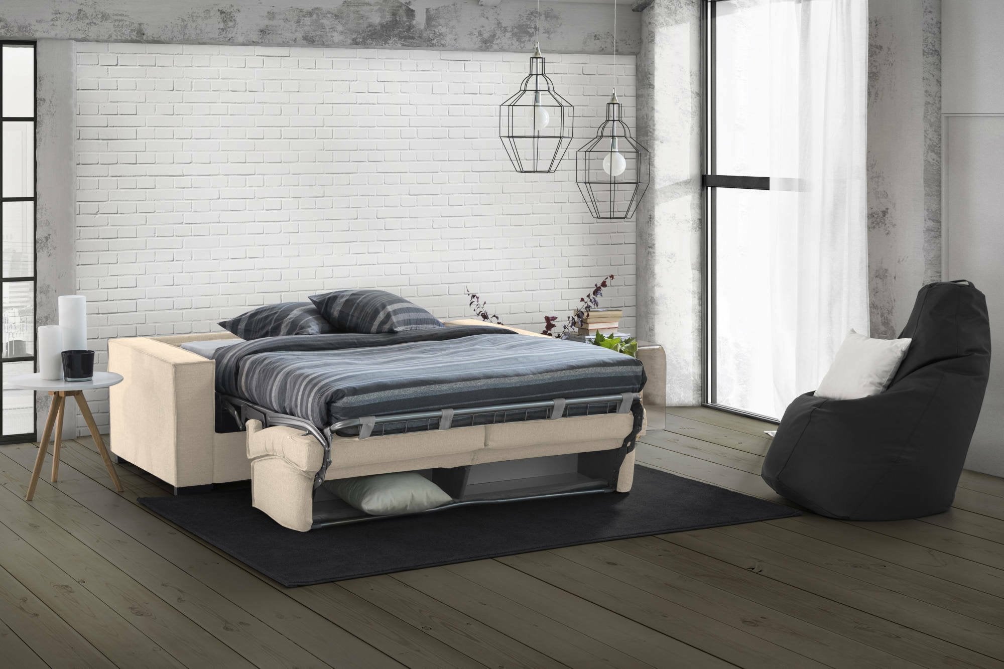 Divano Letto Amapola, Divano a 2 posti Large, Made in Italy, SofÒ  Soggiorno con apertura girevole, in tessuto imbottito, con Braccioli standard, cm 200x95h90, Beige