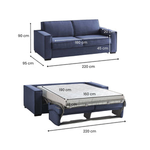 Divano Letto Asteroide, Divano a 3 posti, Made in Italy, SofÒ  Soggiorno con apertura girevole, in tessuto imbottito, con Braccioli standard, cm 220x95h90, Blu