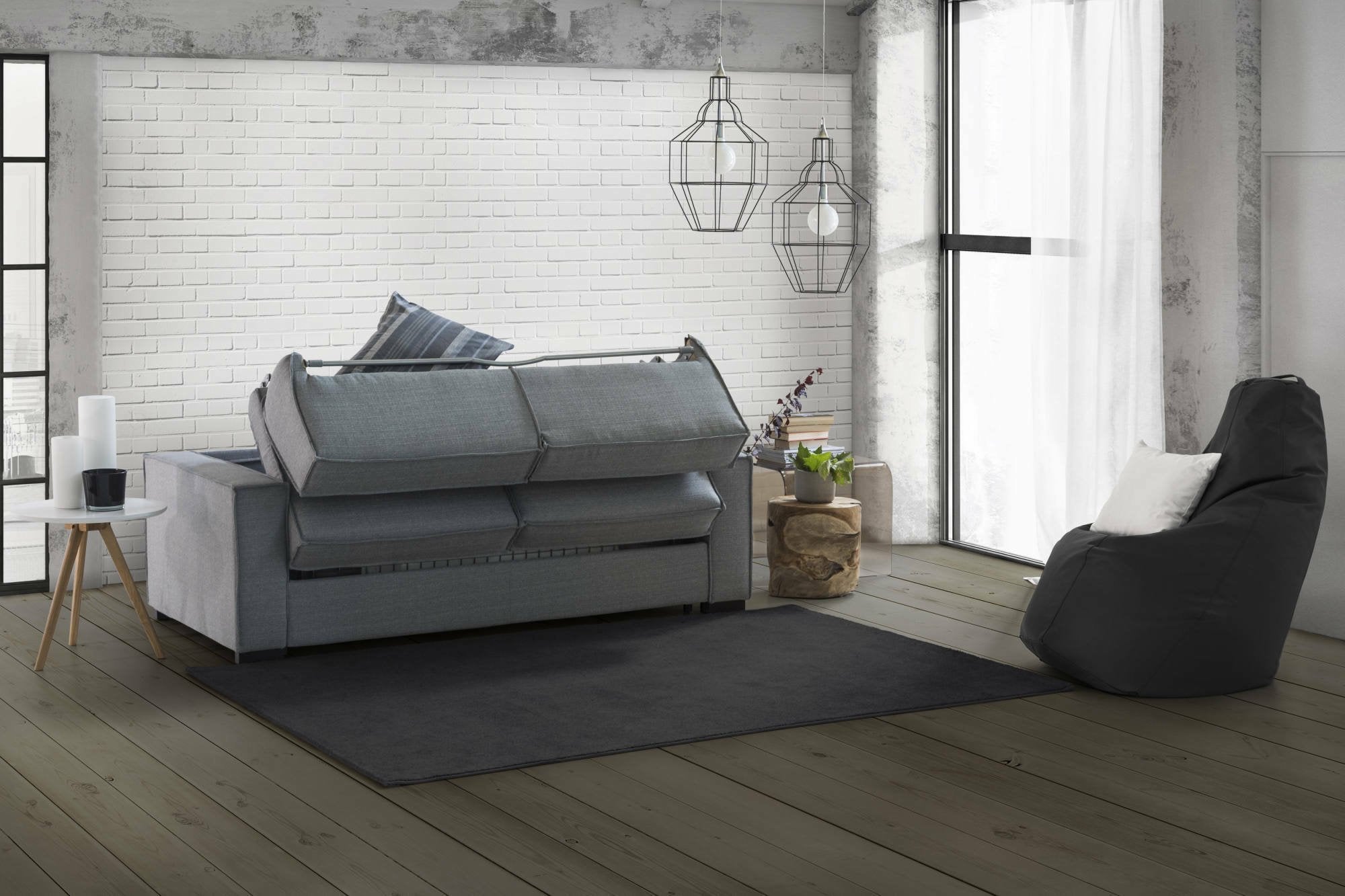 Divano Letto Alano, Divano a 2 posti, Made in Italy, SofÒ  Soggiorno con apertura girevole, in tessuto imbottito, con Braccioli standard, cm 180x95h90, Grigio