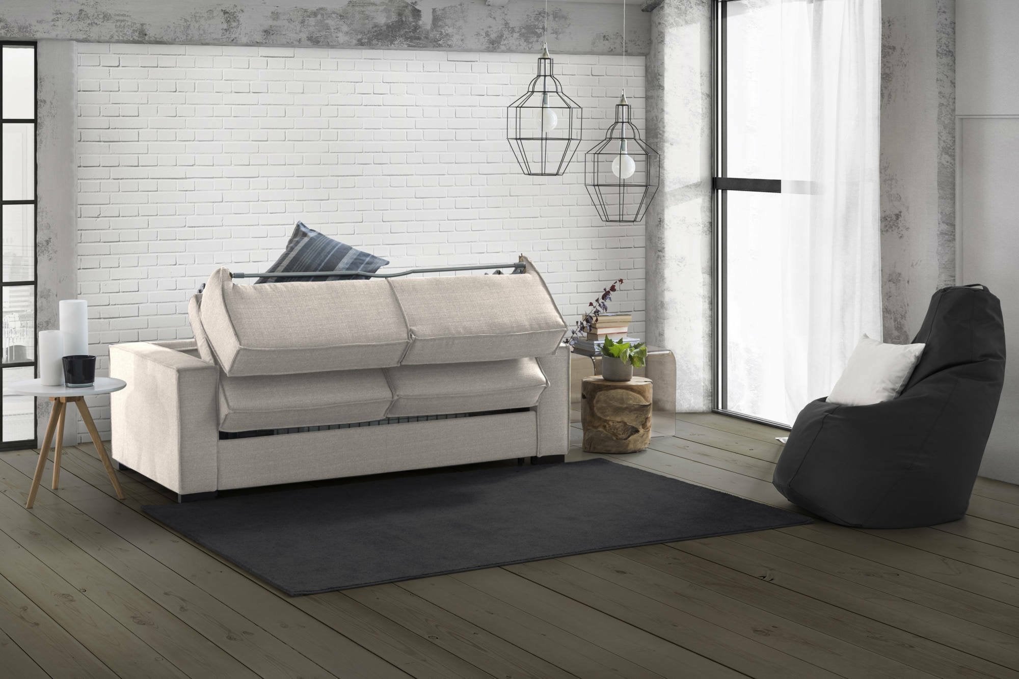 Divano Letto Alano, Divano a 2 posti, Made in Italy, SofÒ  Soggiorno con apertura girevole, in tessuto imbottito, con Braccioli standard, cm 180x95h90, Tortora