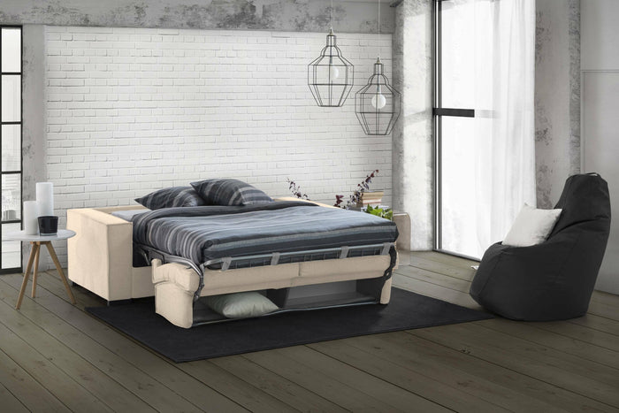 Divano Letto Alk, Divano a 2 posti, Made in Italy, SofÒ  Soggiorno con apertura girevole, in tessuto imbottito, con Braccioli slim, cm 160x95h90, Beige