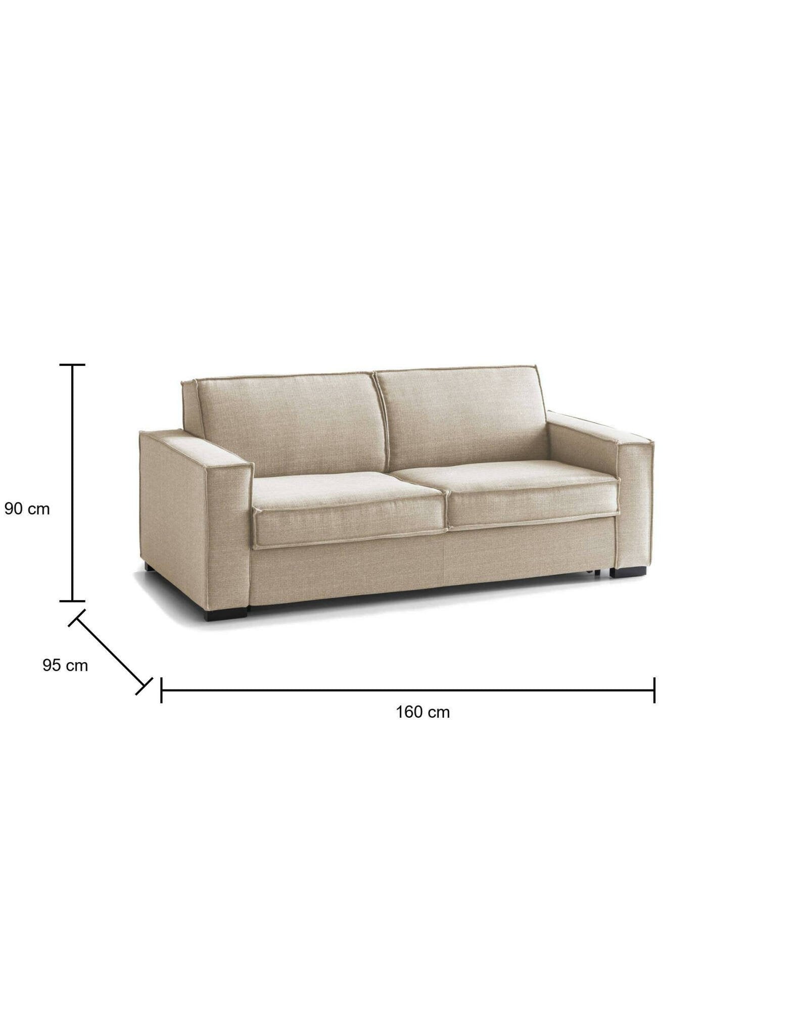 Divano Letto Alk, Divano a 2 posti, Made in Italy, SofÒ  Soggiorno con apertura girevole, in tessuto imbottito, con Braccioli slim, cm 160x95h90, Beige