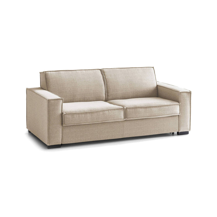 Divano Letto Alk, Divano a 2 posti, Made in Italy, SofÒ  Soggiorno con apertura girevole, in tessuto imbottito, con Braccioli slim, cm 160x95h90, Beige