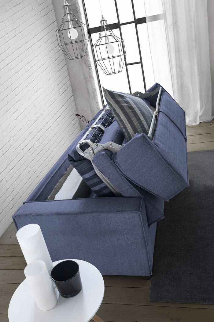 Divano Letto Alk, Divano a 2 posti, 100% Made in Italy, SofÒ  Soggiorno con apertura girevole, in tessuto imbottito, con Braccioli slim, Cm 160x95h90, Blu