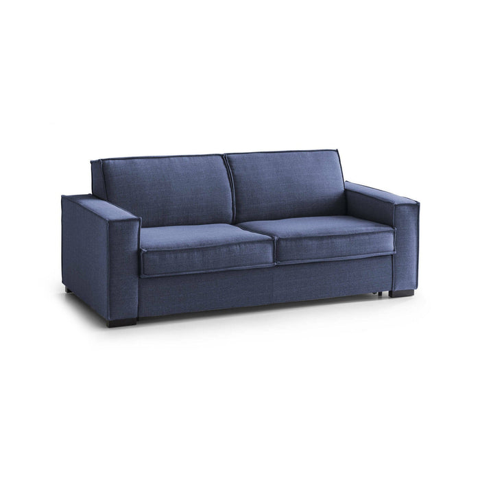 Divano Letto Alk, Divano a 2 posti, 100% Made in Italy, SofÒ  Soggiorno con apertura girevole, in tessuto imbottito, con Braccioli slim, Cm 160x95h90, Blu